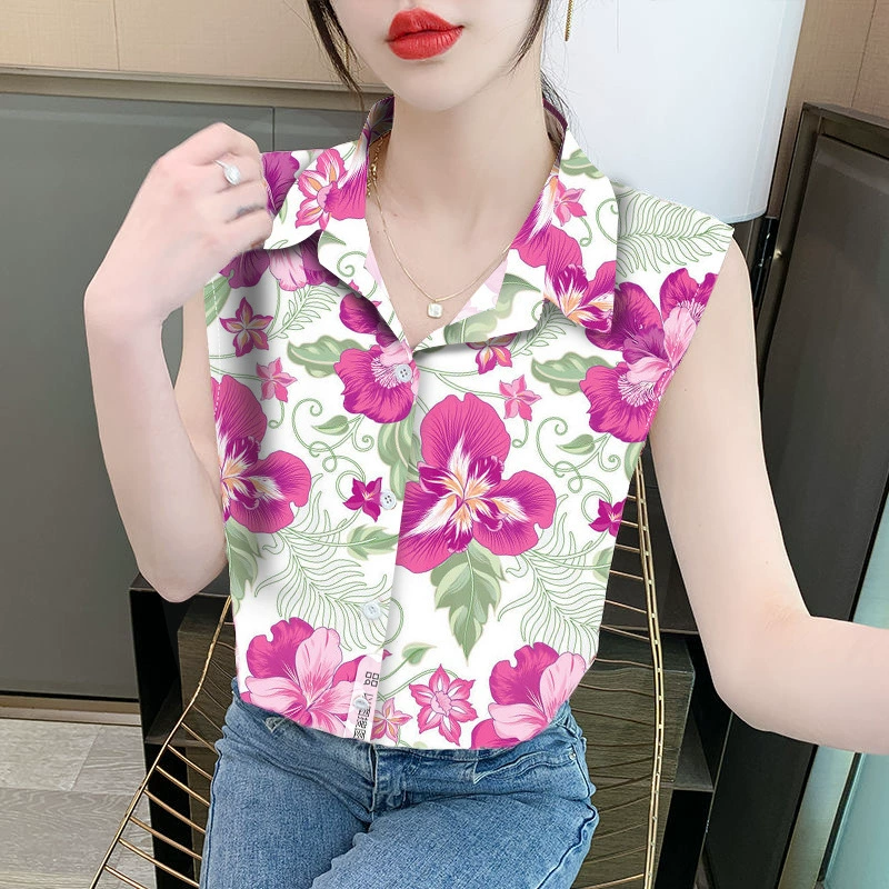 Женская свободная шифоновая блузка без рукавов с принтом на лацканах, с воротником поло, закрывающая живот, для трансграничной торговли