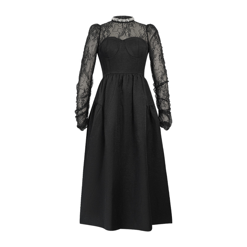 Đầm maxi nữ cổ tròn đính đá thắt eo phong cách Hepburn dáng xòe dài — màu đen