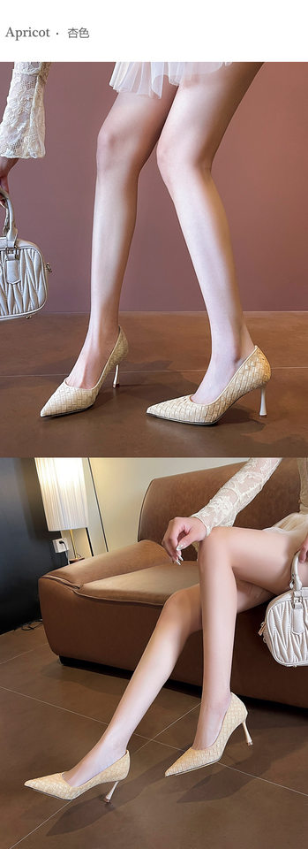 Giày cao gót nữ mũi nhọn gót mảnh bằng nhung thiết kế thanh lịch, miệng nông — mơ, nâu chi tiết 6