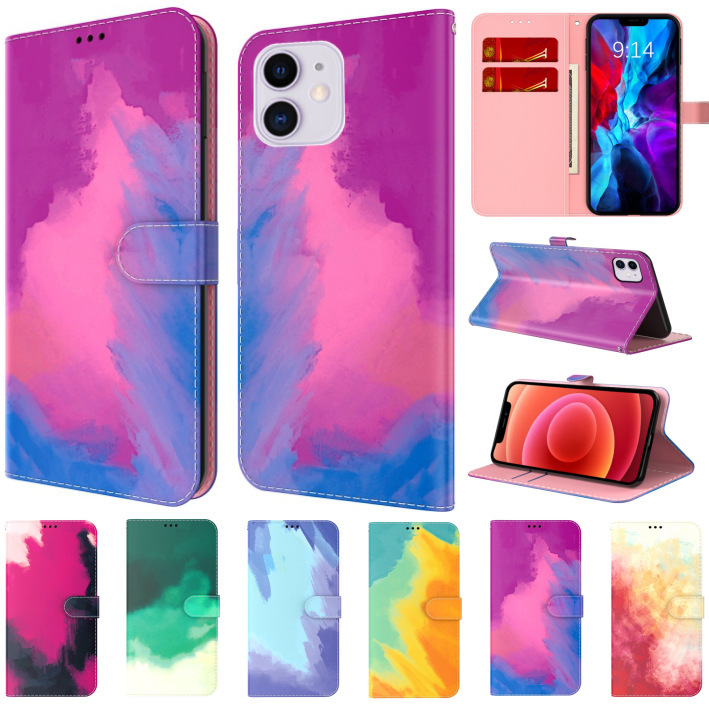 For IPHONE12 11 PRO MAX XR XS 876P S21/FE S20 A22 watercolor leather case
