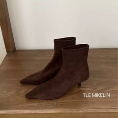 现货复古法式绒面小方头细跟短靴女三角跟气质高跟鞋弹力瘦瘦靴女