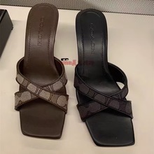 COA跨境外贸拖鞋女方头高跟外穿一字拖夏季潮流坡跟休闲交叉带