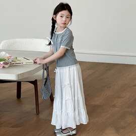 女童蝴蝶结套装夏季2026新款韩系中大童花边拼接短袖半身裙两件套