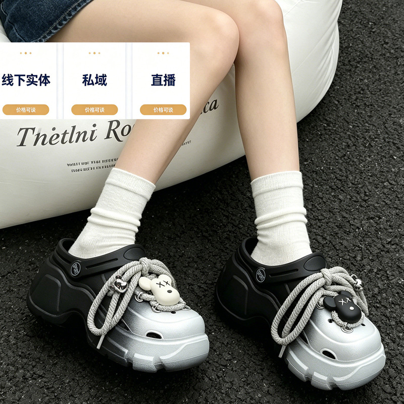 College-style lace-up thick-soled perforated sandals for women, summer height-increasing black and white color-blocked closed-toe casual slippers, trendy new model College-style lace-up thick-soled perforated sandals for women, summer height-increasing black and white color-blocked closed-toe casual slippers, trendy new model