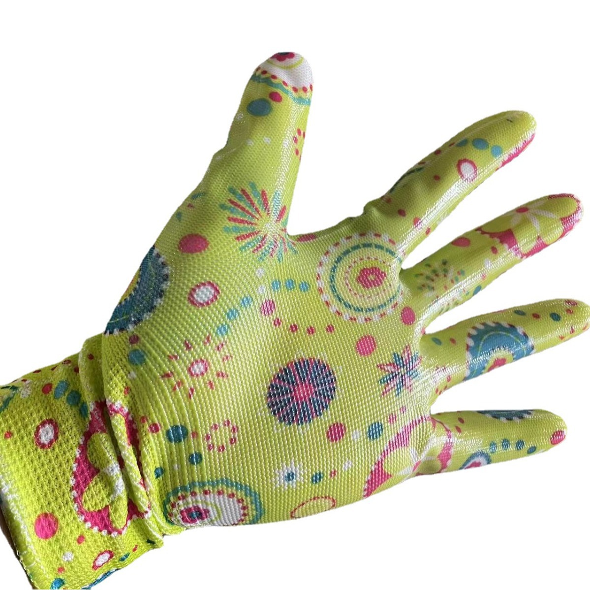 Guantes de jardín de nitrilo, 13 agujas, diseño para exportación a Rusia, fabricación Qingdao.