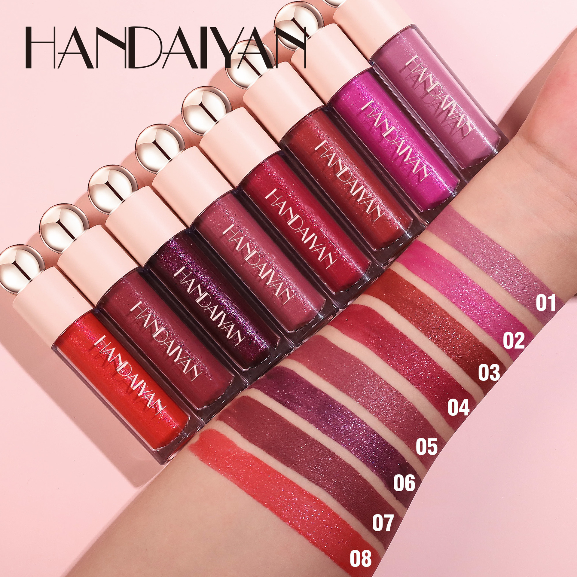 Gloss labial perla 8 colores lápiz labial líquido Handaiyan brillo labial impermeable duradero esmalte labial transfronterizo