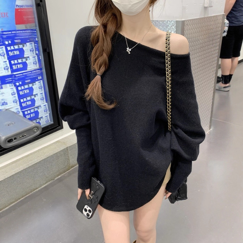 灰色蝙蝠袖斜肩一字肩毛衣女秋冬内搭可外穿宽松慵懒风露肩针织衫|undefined