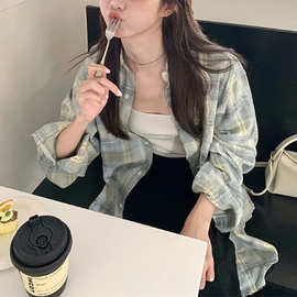 港风美式复古格子早春衬衫外套女2025新款韩系休闲开衫薄款衬衣
