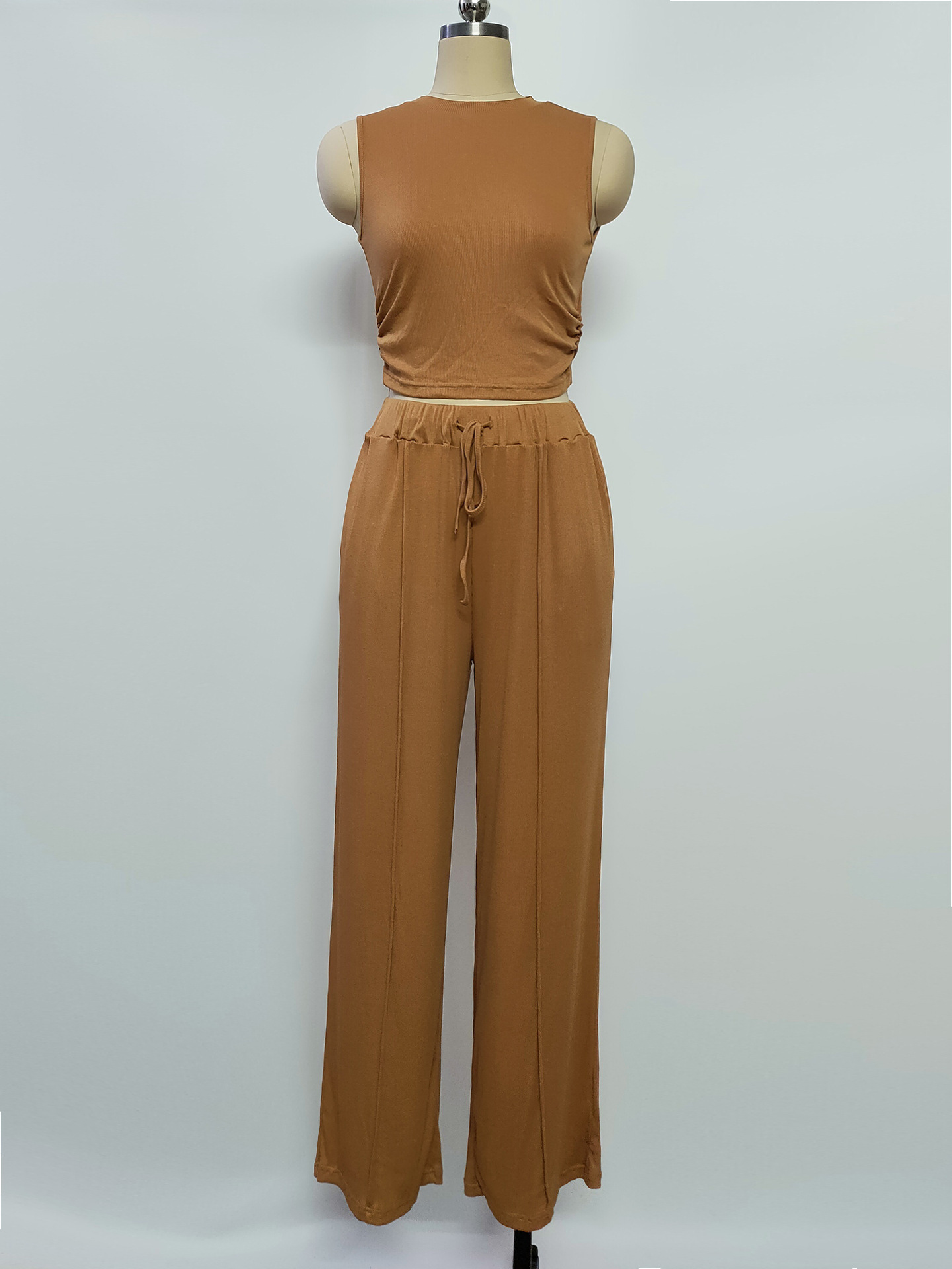 Women's Clothing Summer Leisure Suit Sleeveless Round Neck Short Slim Fit Top Wide Leg Pants Two Piece Suit_ecoleips.com