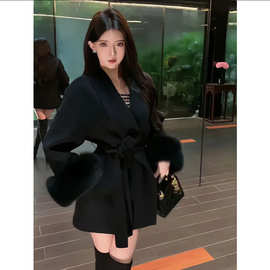 单层呢子外套女秋毛毛袖宽松高级感大衣拼接外套百搭系带v领薄款