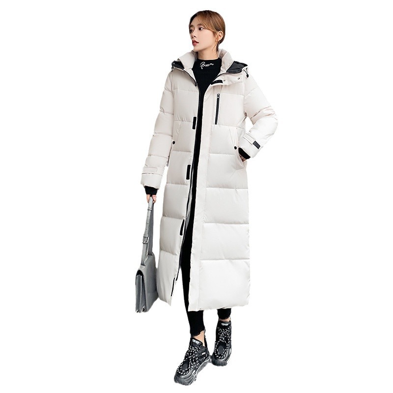 Nuevo comercio exterior 2023 ropa de algodón coreana mujer invierno largo encapuchado rodilla ropa de algodón damas gruesa abrigo de algodón blanco