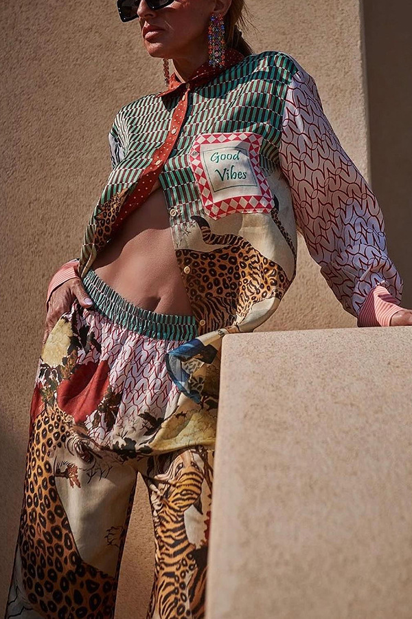 Casual Vacation Leopard Print Long Sleeved Shirt Trousers Two Piece Suit
