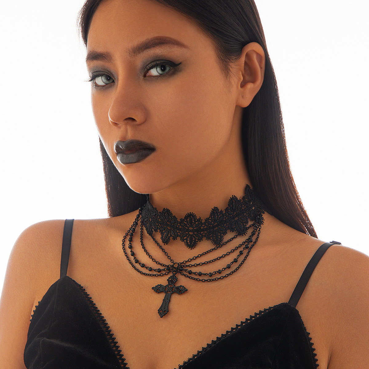 欧美跨境饰品 朋克串珠choker流苏链女 万圣节派对仿宝石手工项圈