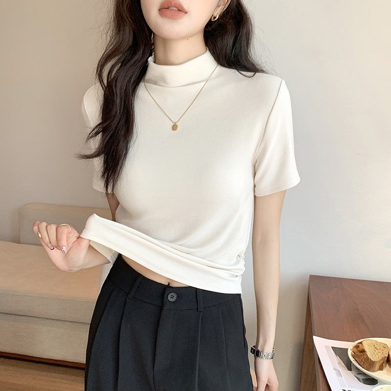 H338純粋な欲望風ハーフタートルネック半袖Tシャツ女性用夏スリムフィットインナー兼アウタートップスinsトレンド|undefined
