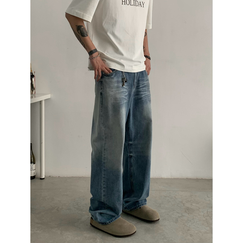 American Retro Washed Bleached Cracked Blue Denim Jeans for Men and Women Trend Brand Instagram Loose Casual Straight Leg Jeans
