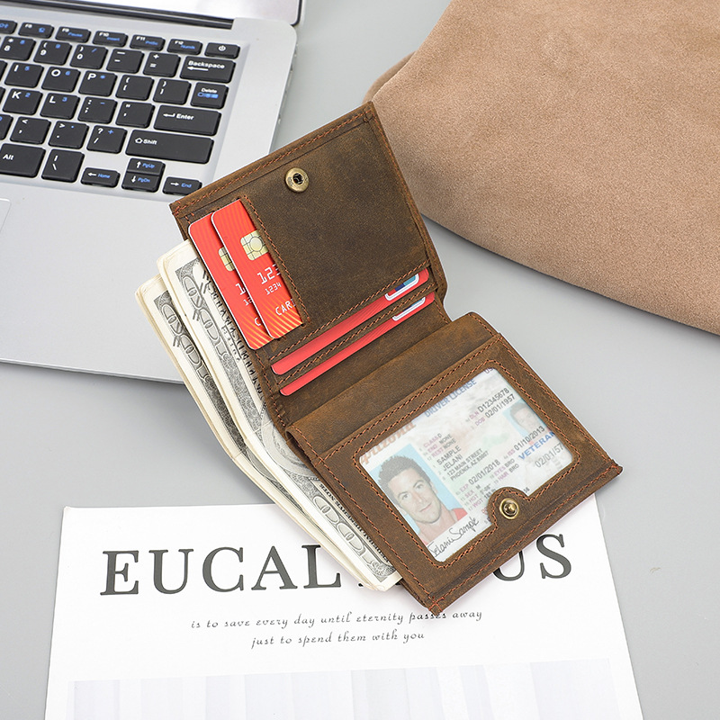 佳美达复古短款真皮钱包薄男士头层牛皮简约钱夹疯马皮驾驶证皮夹