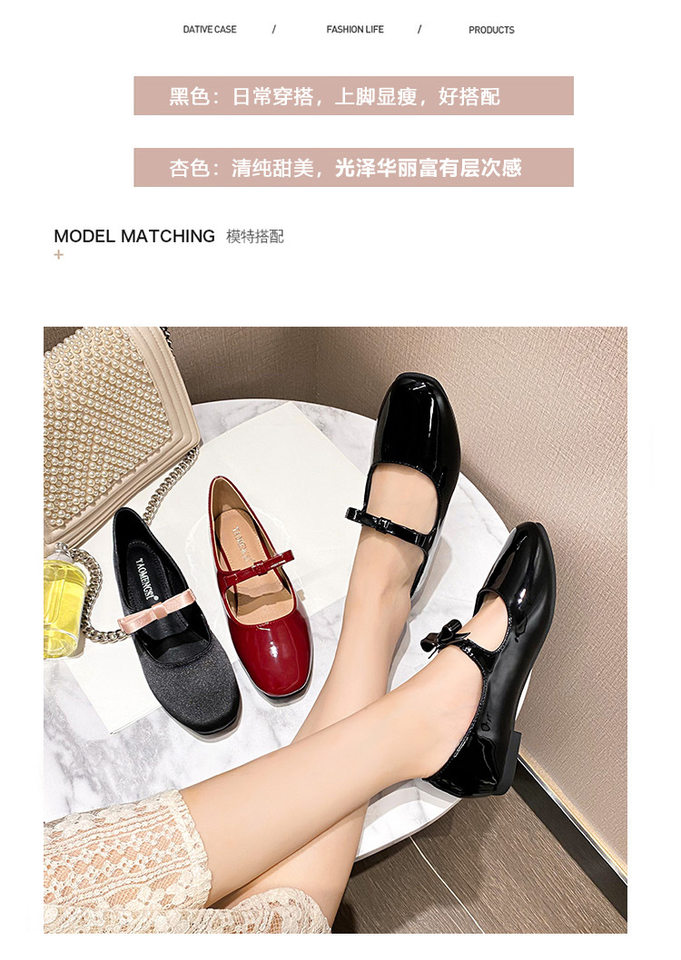 Giày búp bê nữ mũi vuông cổ thấp thắt nơ quai ngang, đế bằng gót thấp 1–3 cm — Màu hồng đen, Màu đen, Màu đỏ chi tiết 6