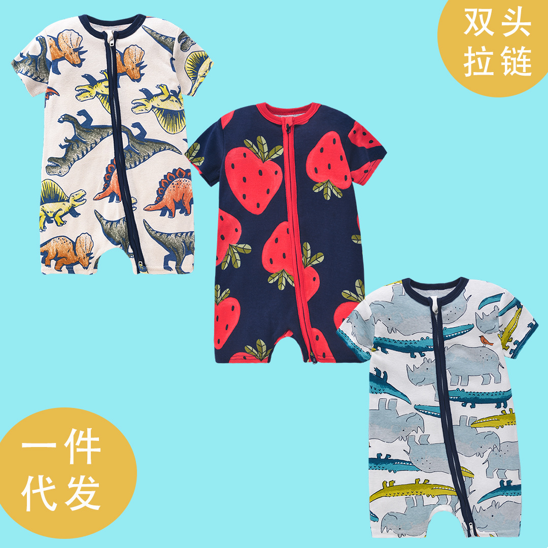 Summer New Baby Short-Sleeved Jumpsuit, Double-Ended Zipper Baby Crawling Suit, Foreign Trade Clothes, Breathable