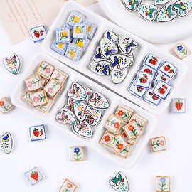 跨境陶瓷手绘串珠diy手工手链项链散珠草莓爱心蝴蝶方形饰品材料