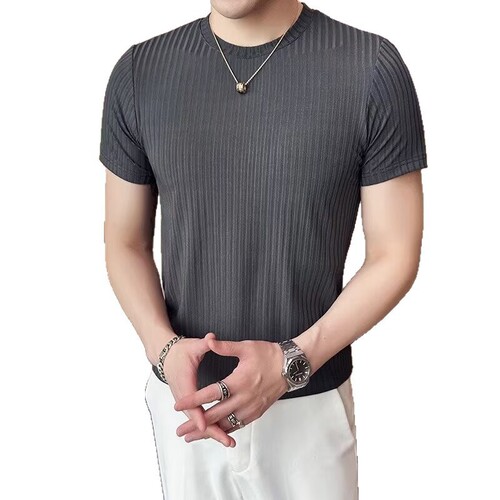Handsome slim-fit round-neck short-sleeve T-shirt in Korean style, featuring a trendy brand's sleek, striped ice-silk base layer—perfect as a trendy men's tight-fitting top.