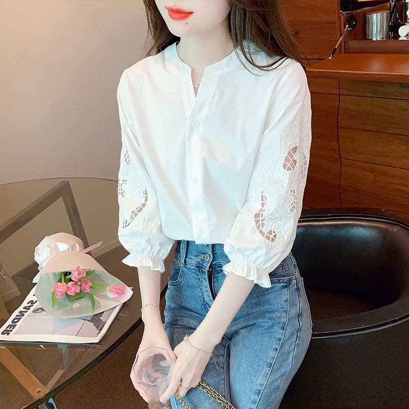 여성을위한 중공업 자수 버블 랜턴 반팔 셔츠 초가을 2024 여름 셔츠 7부 소매 스노우 쉬폰 탑