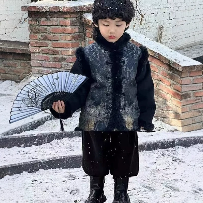 Детская зимняя ханьфу с пухом для мальчиков и девочек, китайский стиль