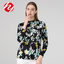 华业秋季新款真丝长袖T恤女印花立领桑蚕丝大码花领套头打底上衣