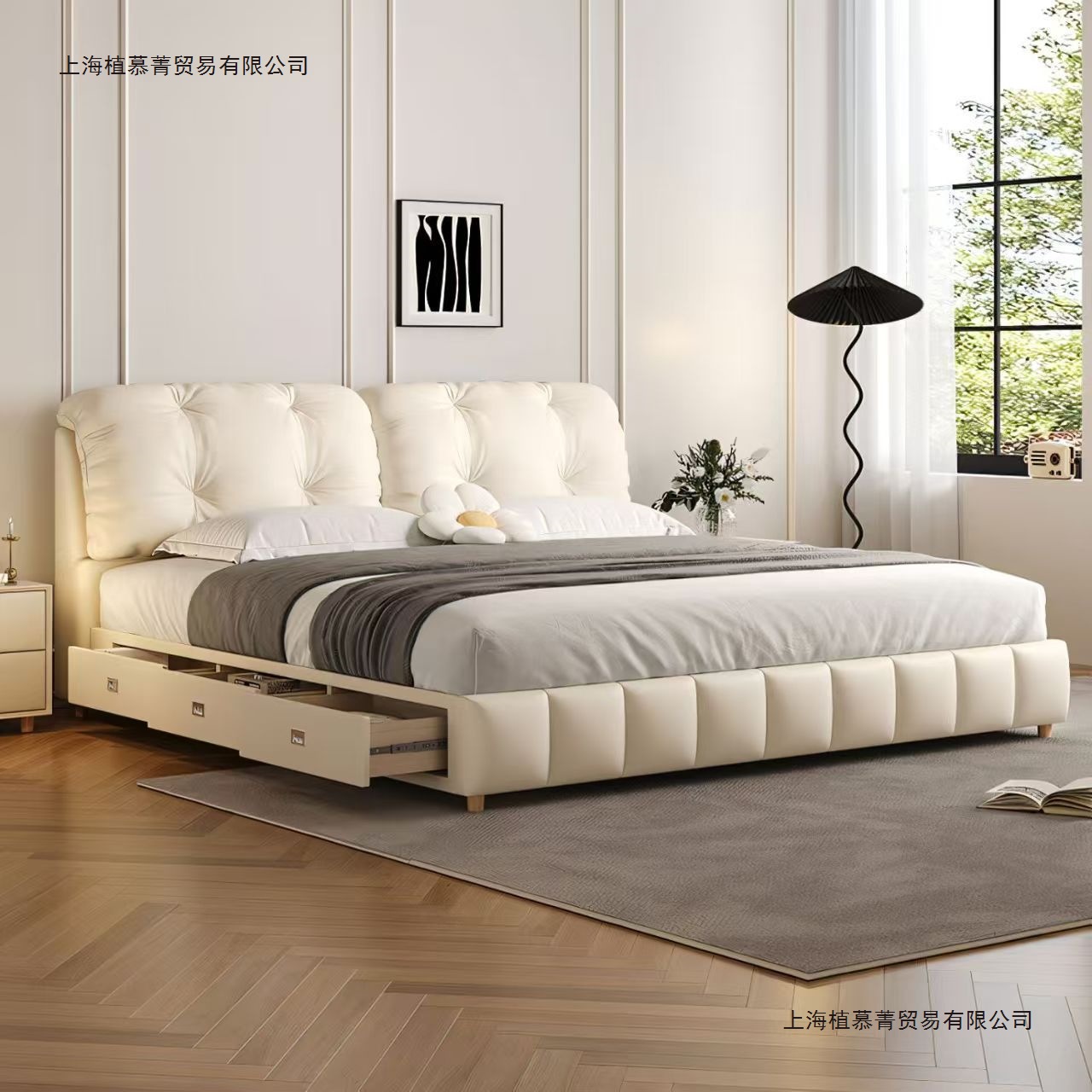 French Cream Cloud Puff Leather Bed Modern Simple Small Apartment Bed Double Bed Soft Bed Storage Wedding Bed