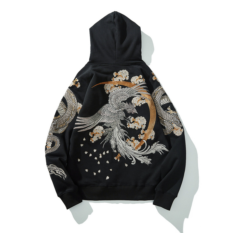 Three Generations Of Yokosuka Embroidery Four Mythical Beasts Shuanglong Suzaku Hooded Sweater Chinese Style Phoenix Plus Velvet Thick Autumn And Winter New