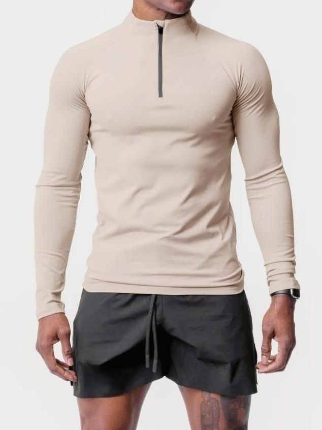 Ropa deportiva y de ocio transfronteriza para hombre, cuello medio alto, tejido cepillado, corte ajustado, camiseta de manga larga con media cremallera para entrenamiento y running.