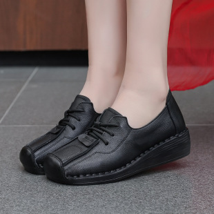 2025 Spring and Autumn New Comfortable Women's Shoes Retro Lace-up Mom Shoes Women's Head Layer Cowhide Soft Sole Small Leather Shoes for Hair