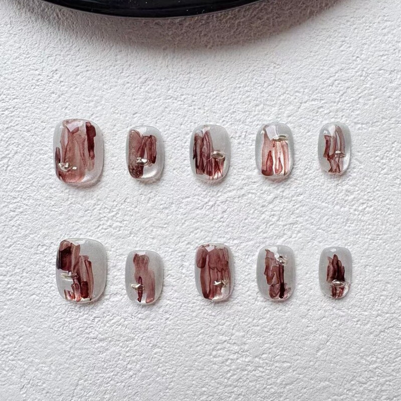【Ochre Impression】Autumn and Winter Glass Bead Cat Eye Color Block Graffiti Ins Style Short Handmade Wearable Nails Factory