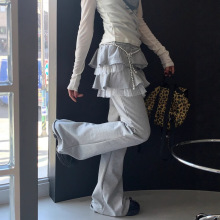 秋季新款韩国少女日系波点网纱拼接卫衣百褶裙摆假两件长裤喇叭裤