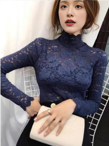 Women's Lace Camisole Top with Slits, Slimming Long-Sleeved and Short-Sleeved T-Shirt, Autumn/Winter Semi-High Collar, Body-Fitting Top for Wholesale and Dropshipping.