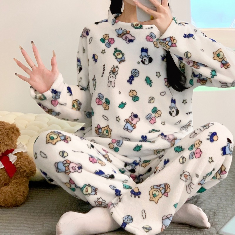 Ins Style Fleece-Lined Thickeneded Coral Velvet Winter Pajamas for Women in Autumn and Winter Cute Student Home Clothes Set That Can Be Worn Outside