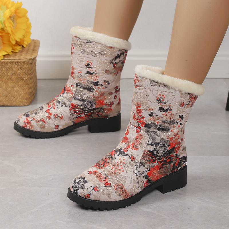 Botas de neve femininas plus size com design floral para aquecimento e proteção_voghion.com