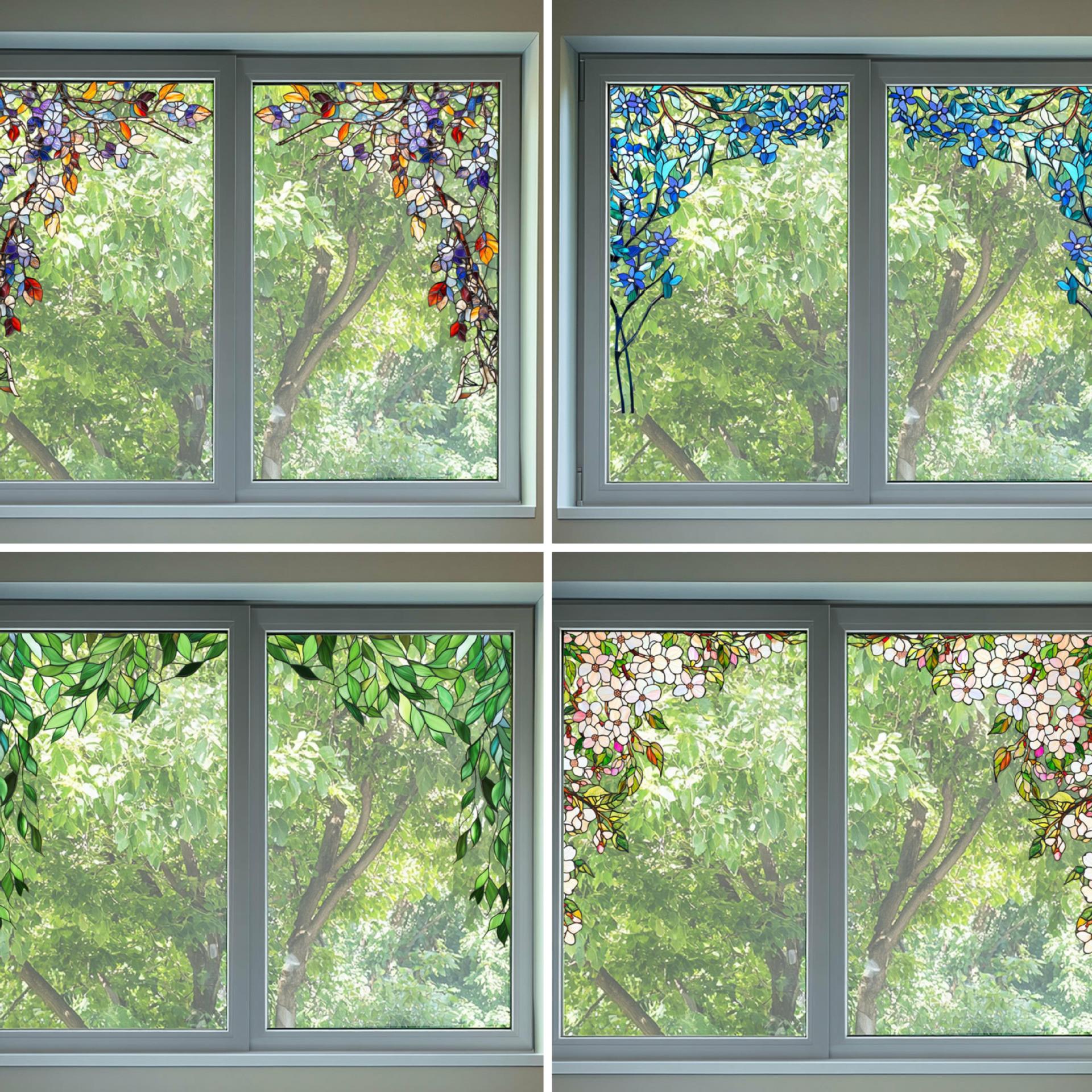 双面彩色花朵法式角花装饰静电玻璃贴防撞PVC警示贴窗户贴膜窗花