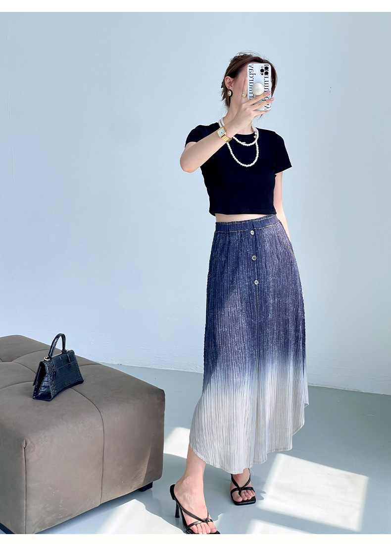 Chân váy xếp ly nữ cạp cao denim phối màu thời trang hè — Màu xanh lam chi tiết 9