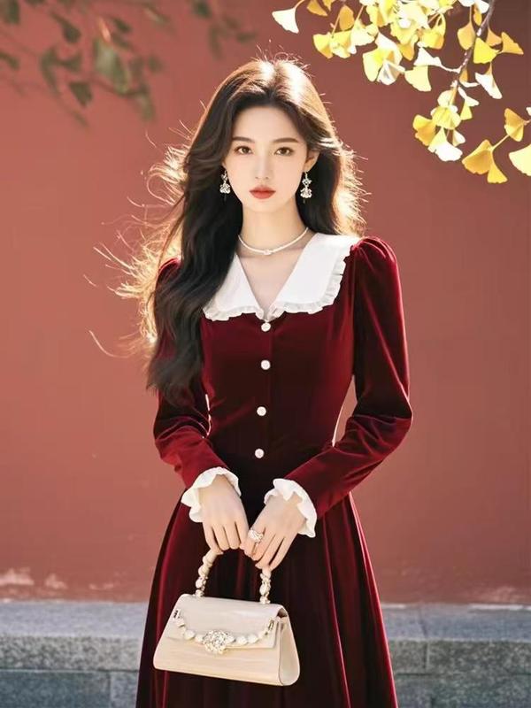 娃娃领金丝绒红色连衣裙女2025新款秋冬新款微胖掐腰裙a字中长裙|undefined