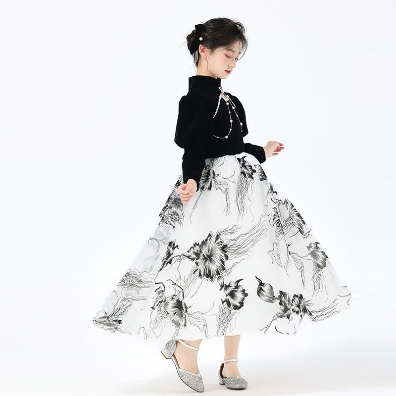 Vestido infantil vestido nuevo estilo chino tinta estilo vestido de alta gama vestido de princesa chica anfitriona de piano despeje