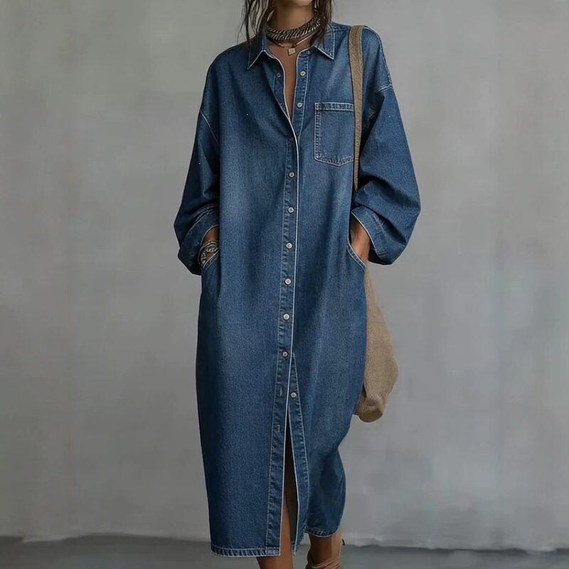 2026 Amazon Cross-Border European and American Simple Retro Turn-down Collar Single-Breasted Loose Denim Shirt Casual Dress 2026 Amazon Cross-Border European and American Simple Retro Turn-down Collar Single-Breasted Loose Denim Shirt Casual Dress