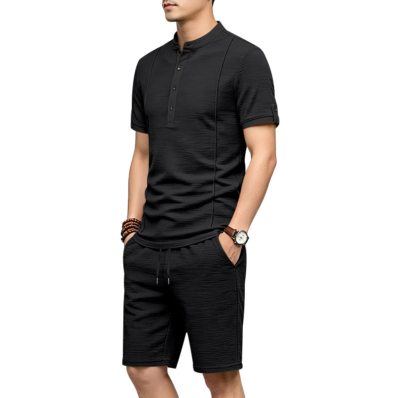 Men's Casual Henley Short Sleeve T-Shirt And Shorts Set Comfort-Focused Polyester Design for Summer_viptrois.com