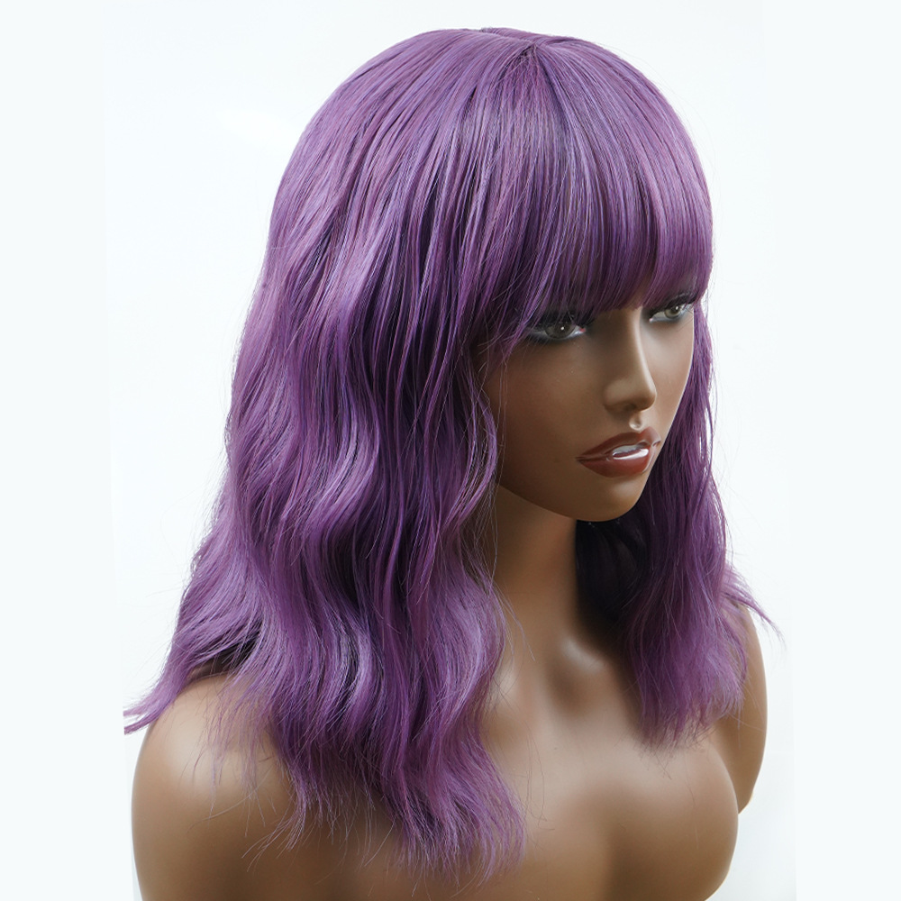 Wholesale cross-border foreign trade chemical fiber headgear, mechanism-parted purple water ripple short curly hair with bangs and bob wigs_voghion.com