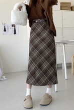 UNMUN格纹毛呢半身裙女秋冬韩版2025新款高腰显瘦开叉包臀中长款A