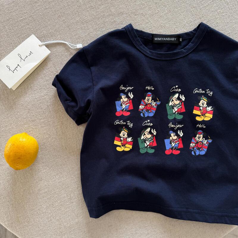 Boys and Girls Short-Sleeved T-Shirt Pure Cotton Summer New Korean Style Cartoon Mickey Mouse Top Baby Round Neck Versatile and Loose