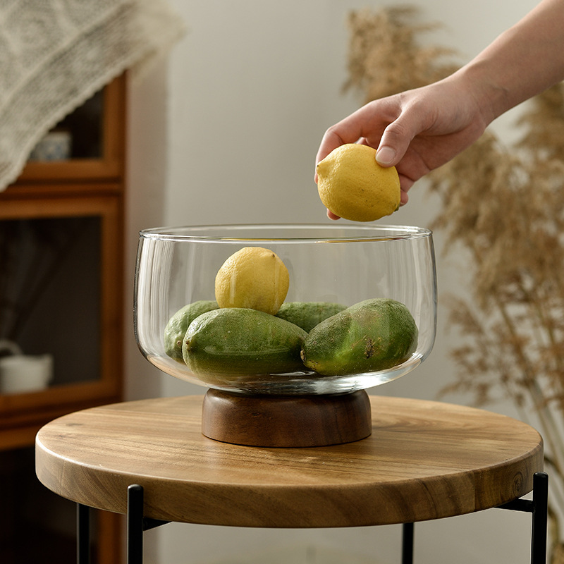 Placa de fruta de vidrio de madera de acacia sala de estar cuenca de dulces Placa de fruta seca caja de almacenamiento de madera mesa de almacenamiento de placa de fruta de pierna alta