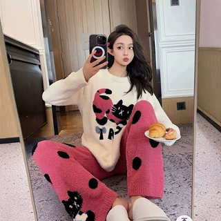 新款卡通可爱多巴胺猫咪睡衣女软绵绵半边绒家居服套装可外穿