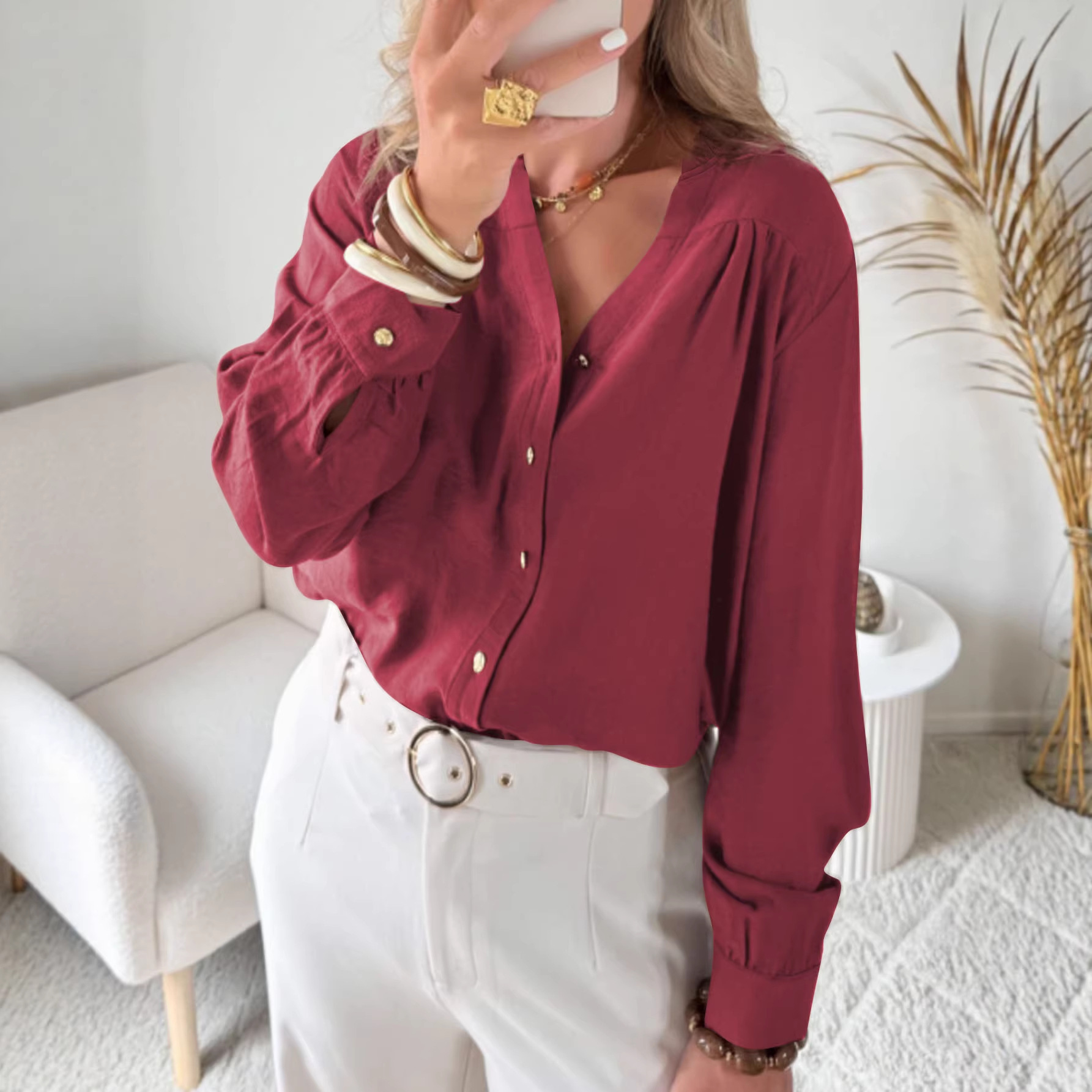 Plus Size Women's Ruffle Collar Blouse, Elegant Long Sleeve Shirt With Floral Lace Trim For Office & Casual Wear_voghion.com