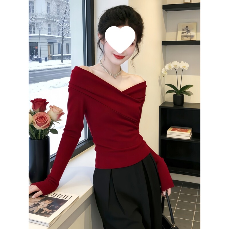 Elegant Women's Waist-Cinching Off-Shoulder T-Shirt, Stunning Top, 2026 New Style, Red Christmas and New Year Outfit, Base Shirt Elegant Women's Waist-Cinching Off-Shoulder T-Shirt, Stunning Top, 2026 New Style, Red Christmas and New Year Outfit, Base Shirt