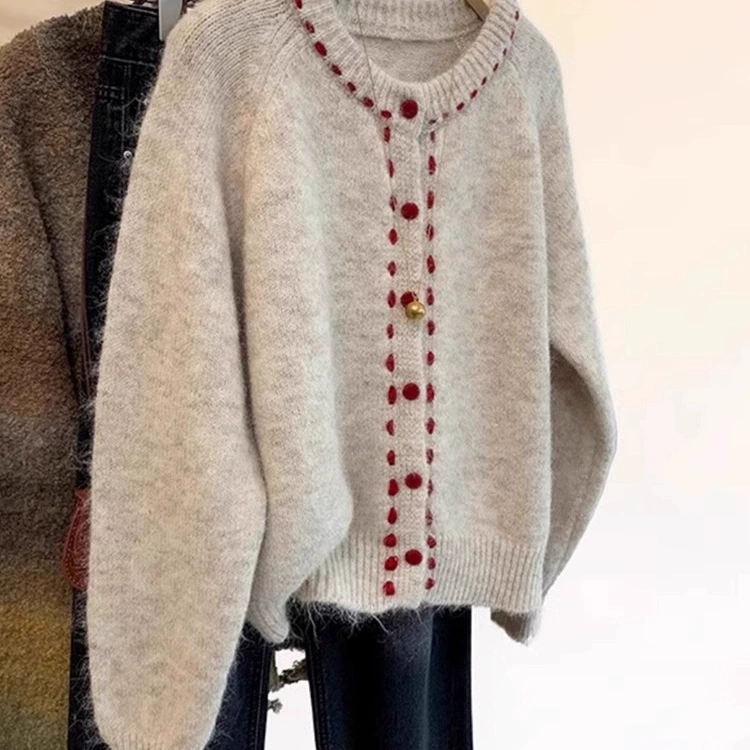 Spring retro knitted cardigan, sweater, jacket, round collar